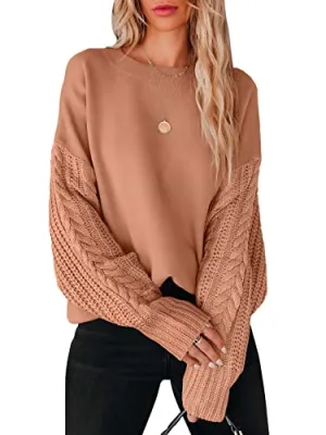 ANRABESS Women's Crewneck Cable Knit Long Sleeve Oversized Cozy Casual Chunky 2024 Fall Pullover Sweater Tops Trendy Outfits Black Small