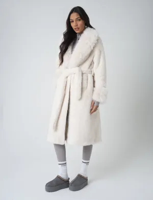 Belted Faux Fur Long Coat White