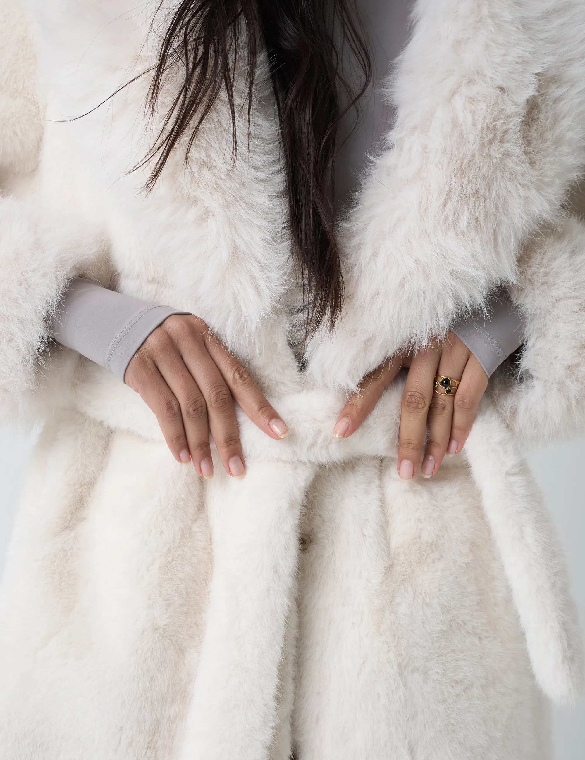 Belted Faux Fur Long Coat White