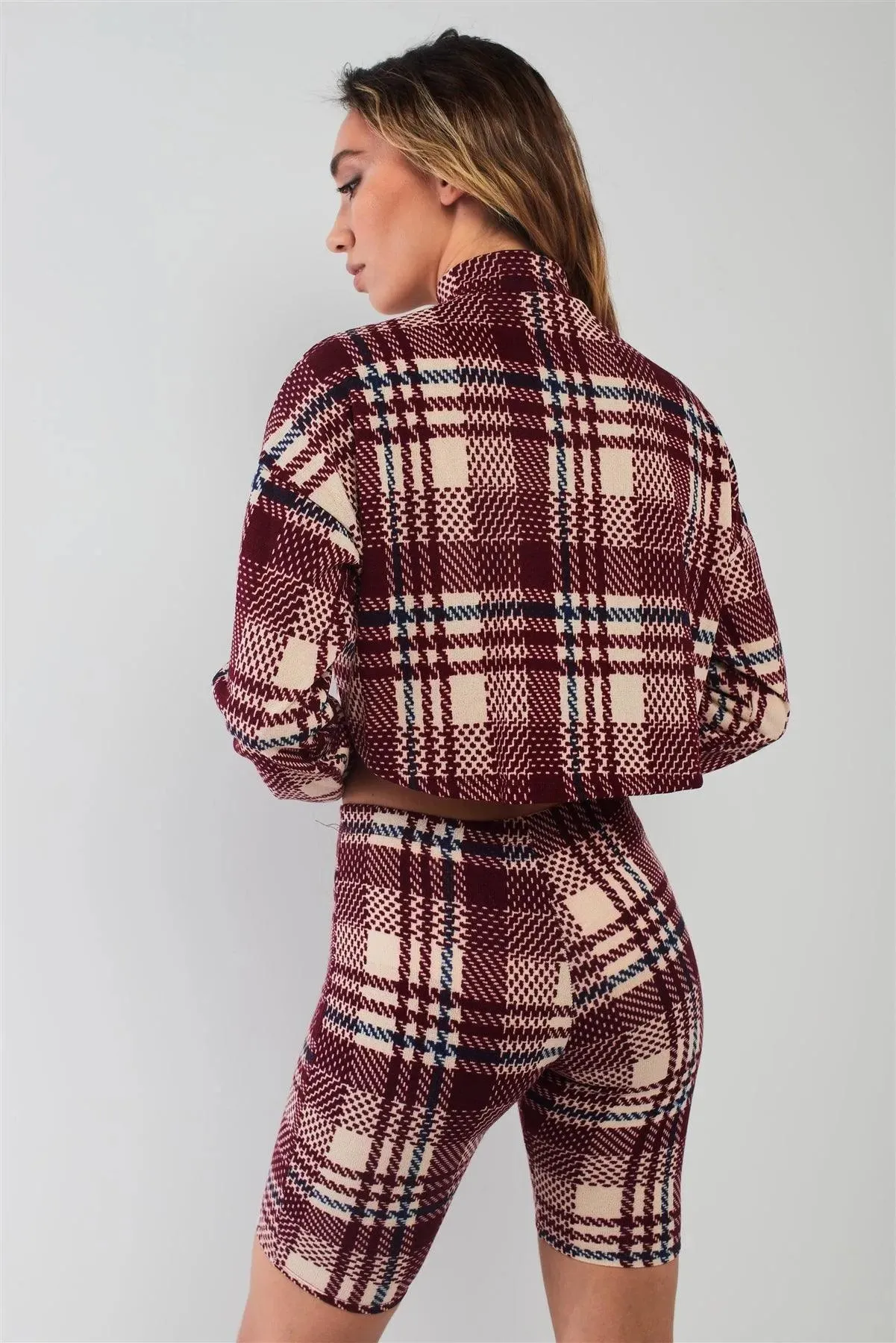 Burgundy Multi Plaid Print Long Sleeve High Zip Neck Cropped Top & High-Waisted Bicker Shorts Two Piece Set /2-2-2