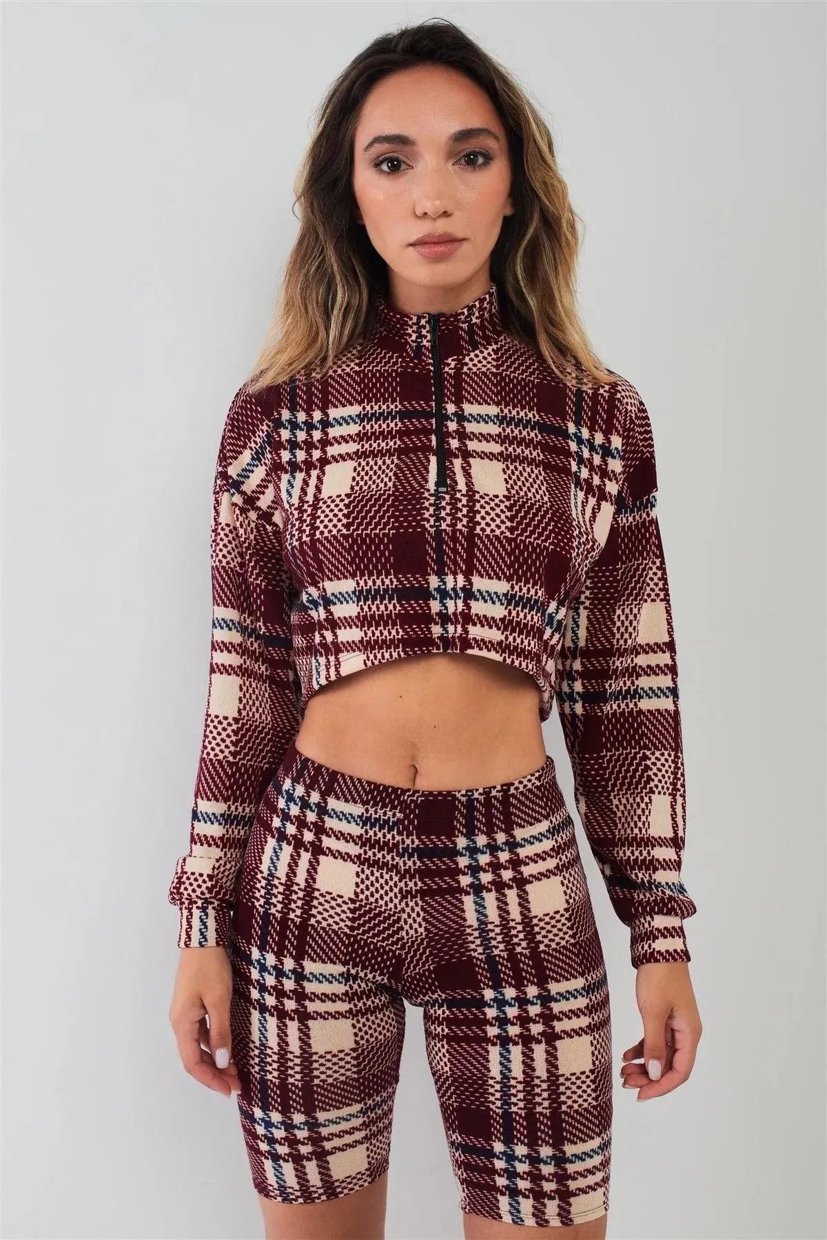 Burgundy Multi Plaid Print Long Sleeve High Zip Neck Cropped Top & High-Waisted Bicker Shorts Two Piece Set /2-2-2