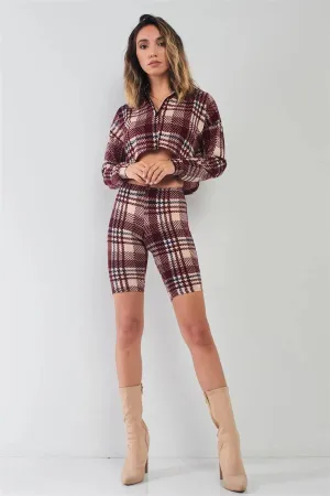 Burgundy Multi Plaid Print Long Sleeve High Zip Neck Cropped Top & High-Waisted Bicker Shorts Two Piece Set /2-2-2