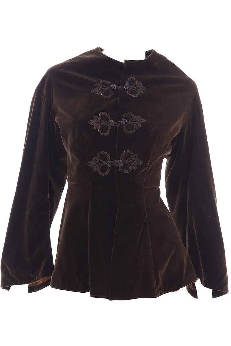 Chocolate Brown Velvet Edwardian Antique Peplum Jacket with Soutache Trim