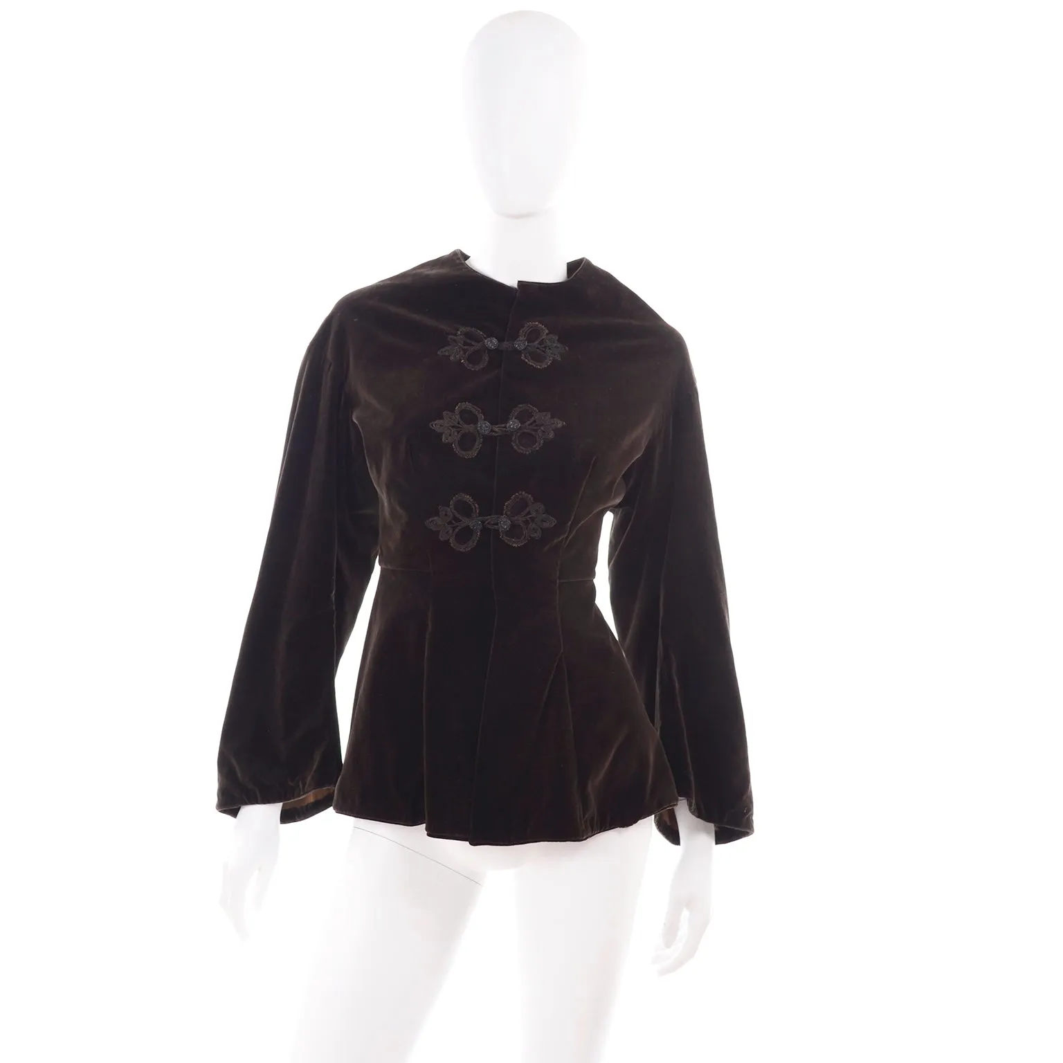 Chocolate Brown Velvet Edwardian Antique Peplum Jacket with Soutache Trim