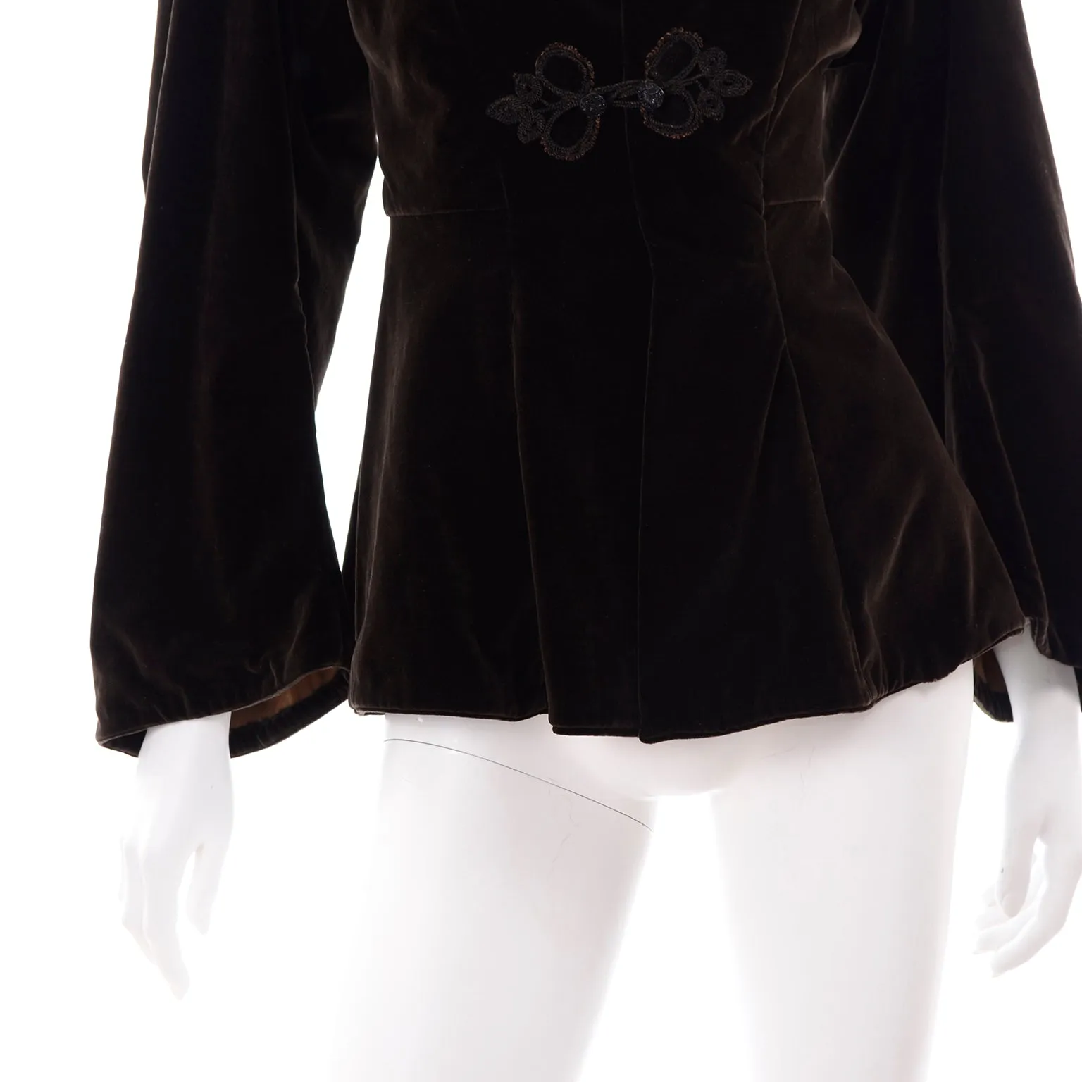 Chocolate Brown Velvet Edwardian Antique Peplum Jacket with Soutache Trim