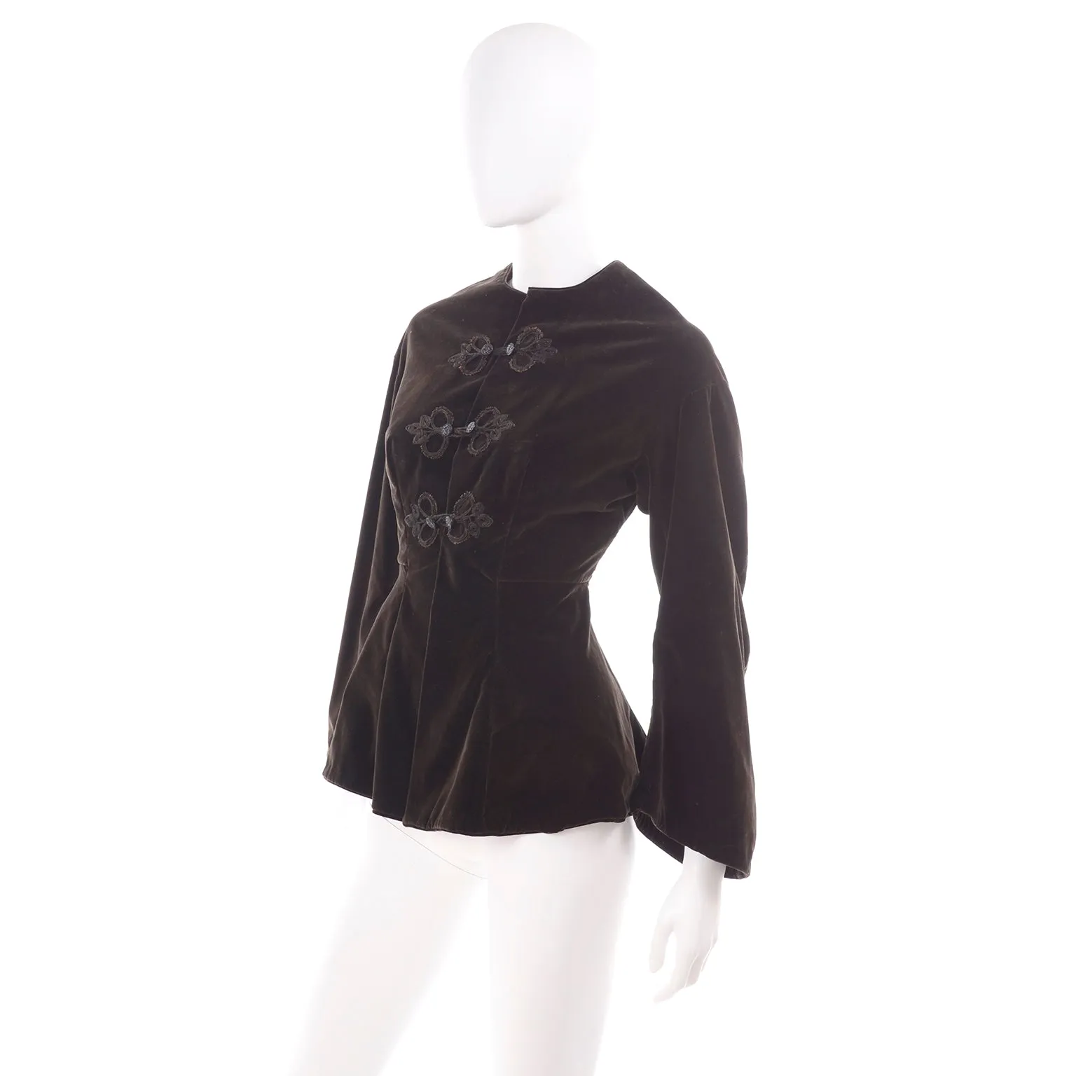 Chocolate Brown Velvet Edwardian Antique Peplum Jacket with Soutache Trim