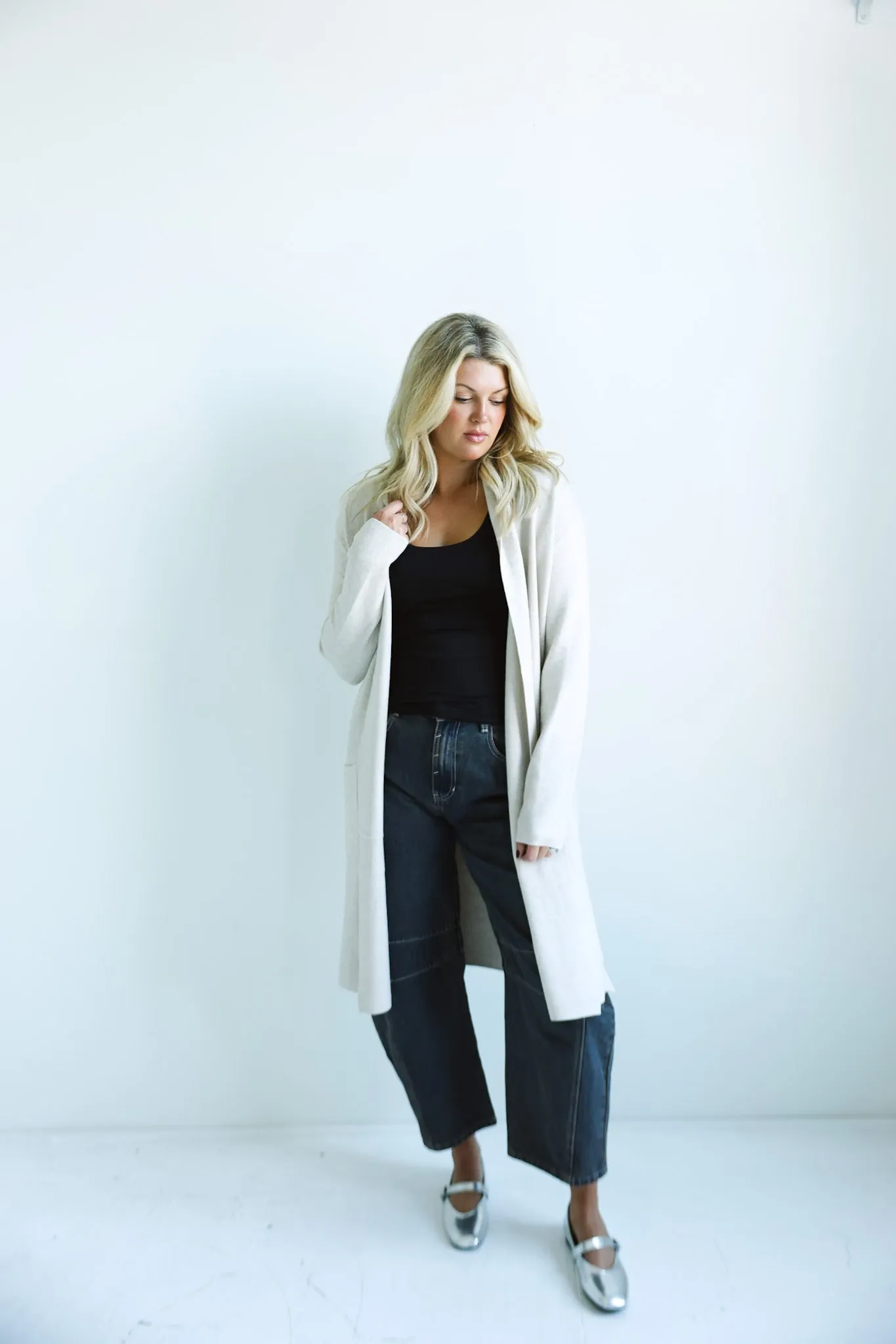 Classic Longline Open-Front Cardigan.