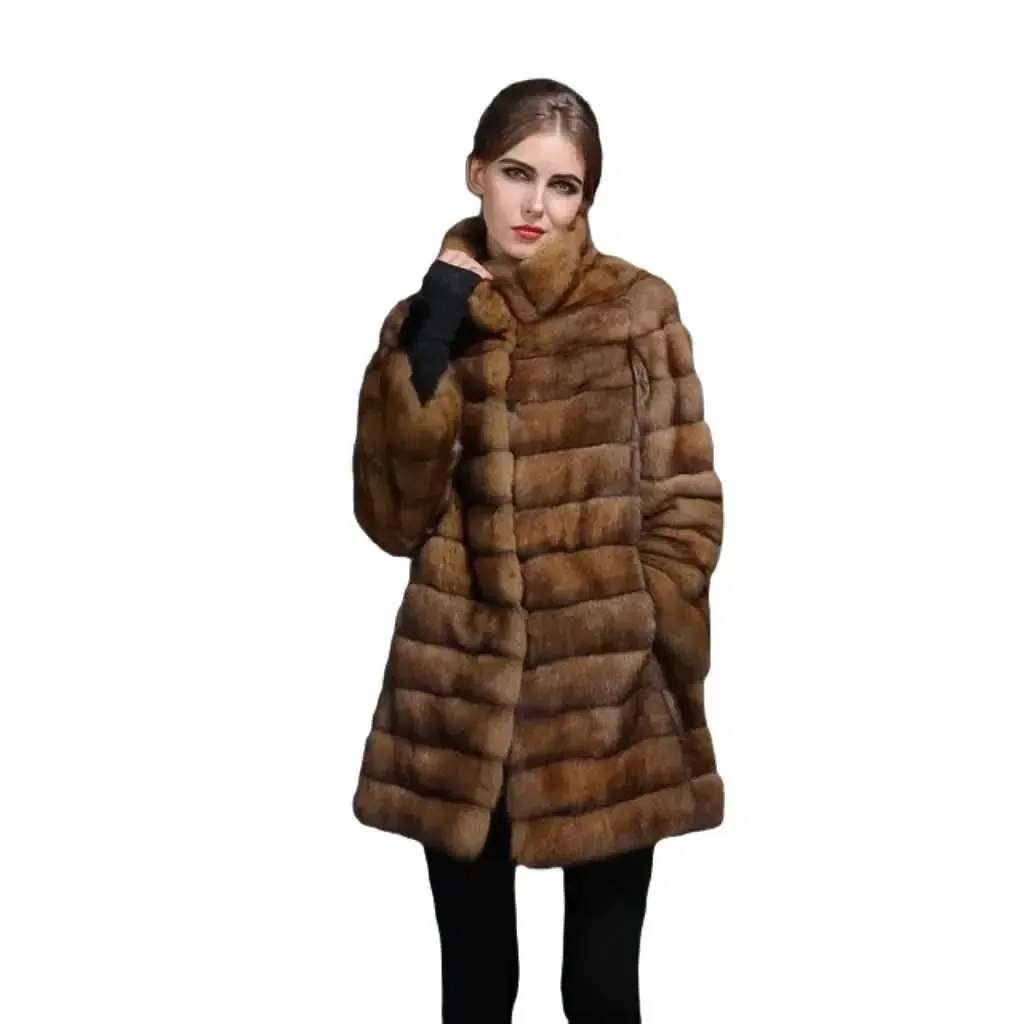 Elegant Women's Sable Chinchilla Fur Coat with Chic Hood