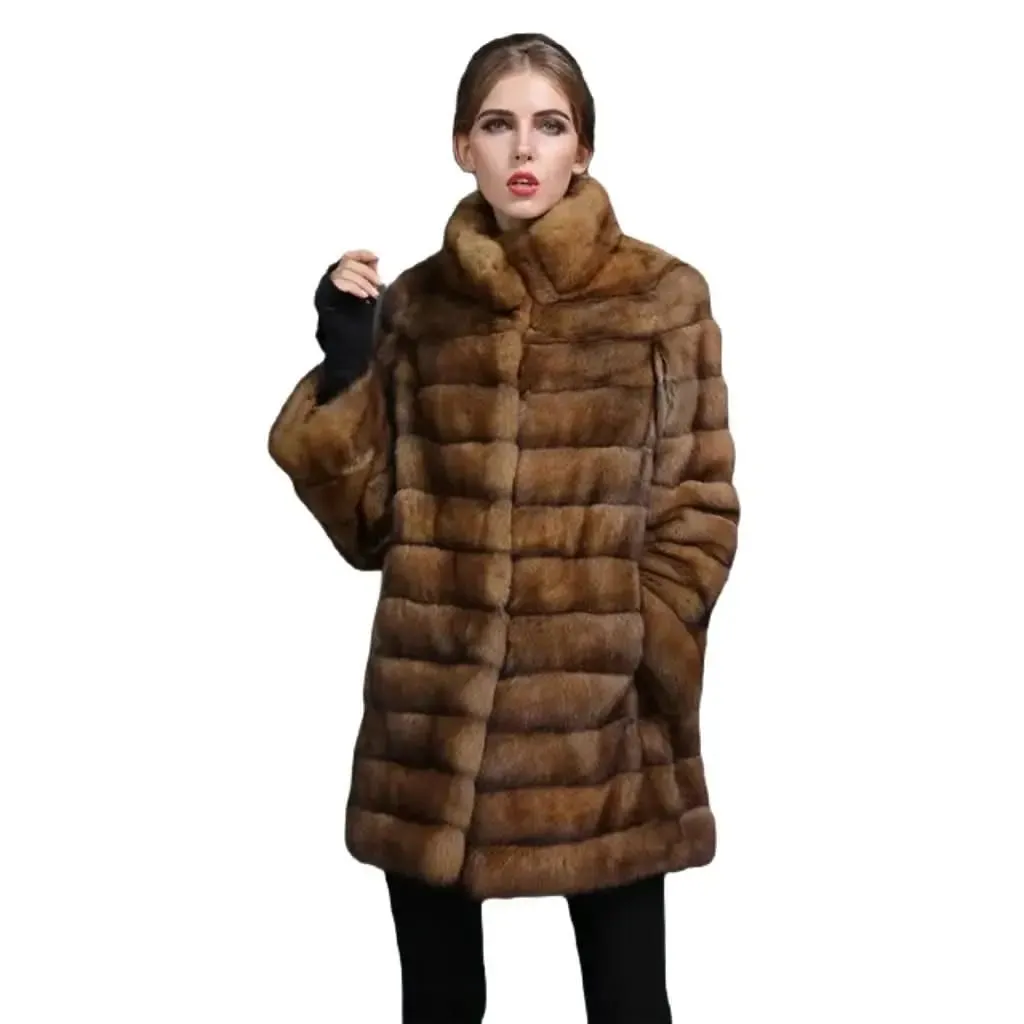 Elegant Women's Sable Chinchilla Fur Coat with Chic Hood