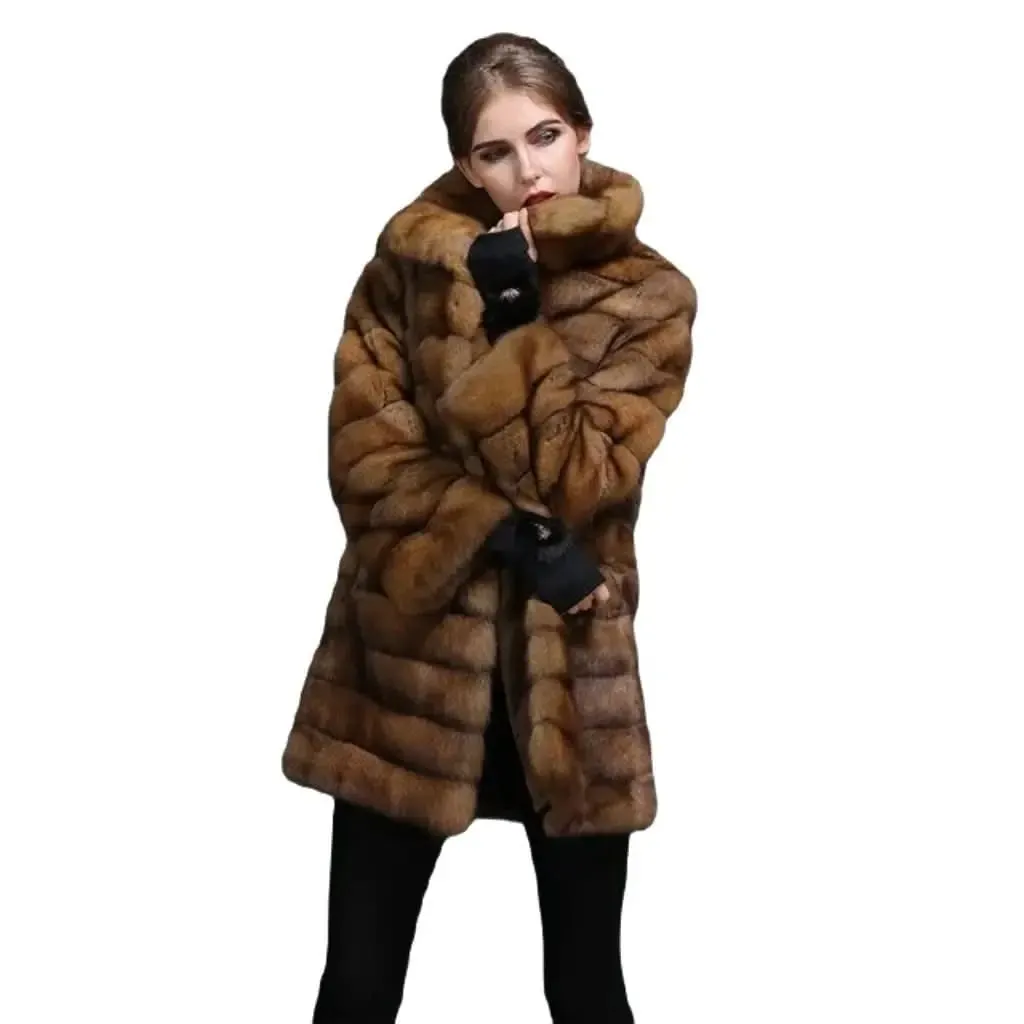 Elegant Women's Sable Chinchilla Fur Coat with Chic Hood