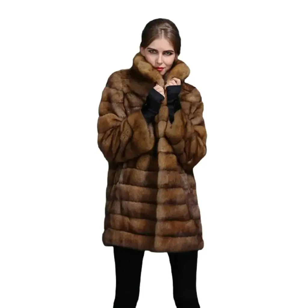 Elegant Women's Sable Chinchilla Fur Coat with Chic Hood