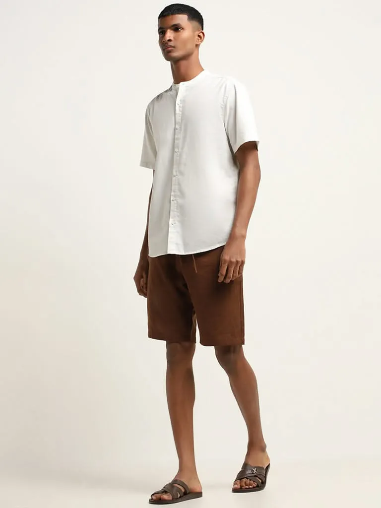 ETA Brown Solid Mid Rise Cotton Slim Fit Shorts