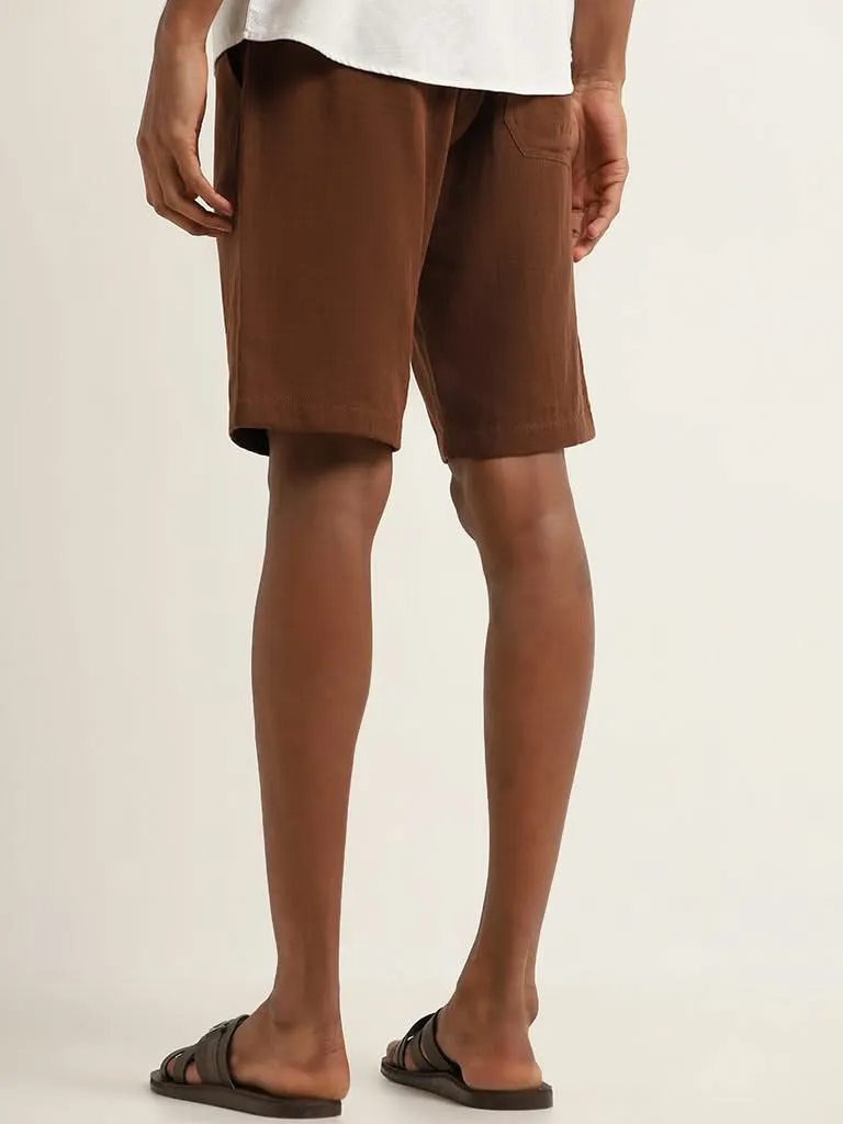 ETA Brown Solid Mid Rise Cotton Slim Fit Shorts