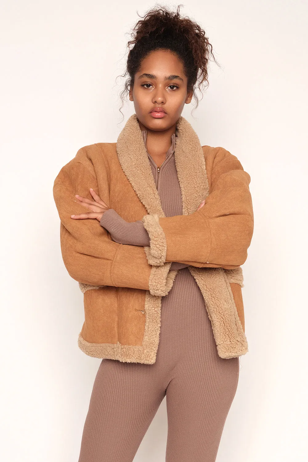 Faux Lambswool Fur Lined Shearling Jacket,Tan