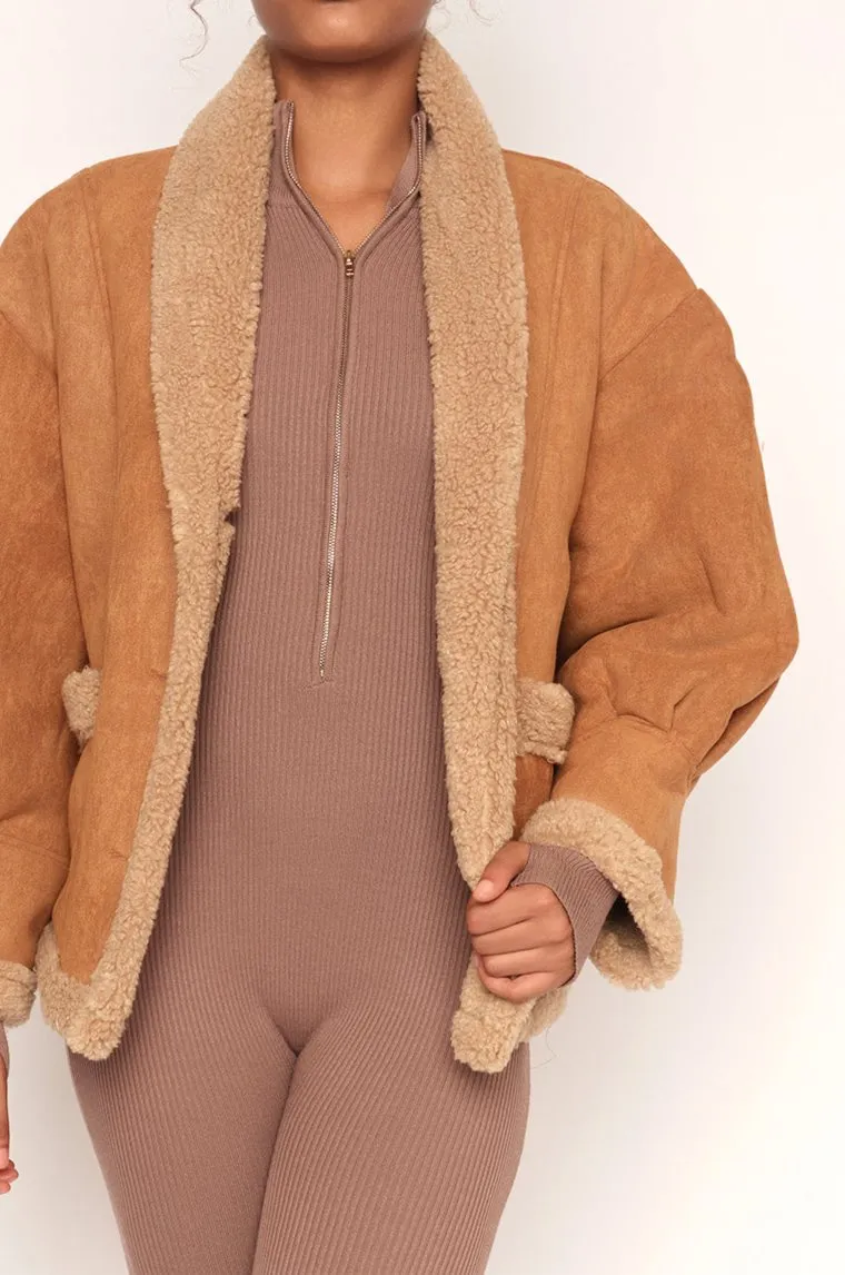 Faux Lambswool Fur Lined Shearling Jacket,Tan