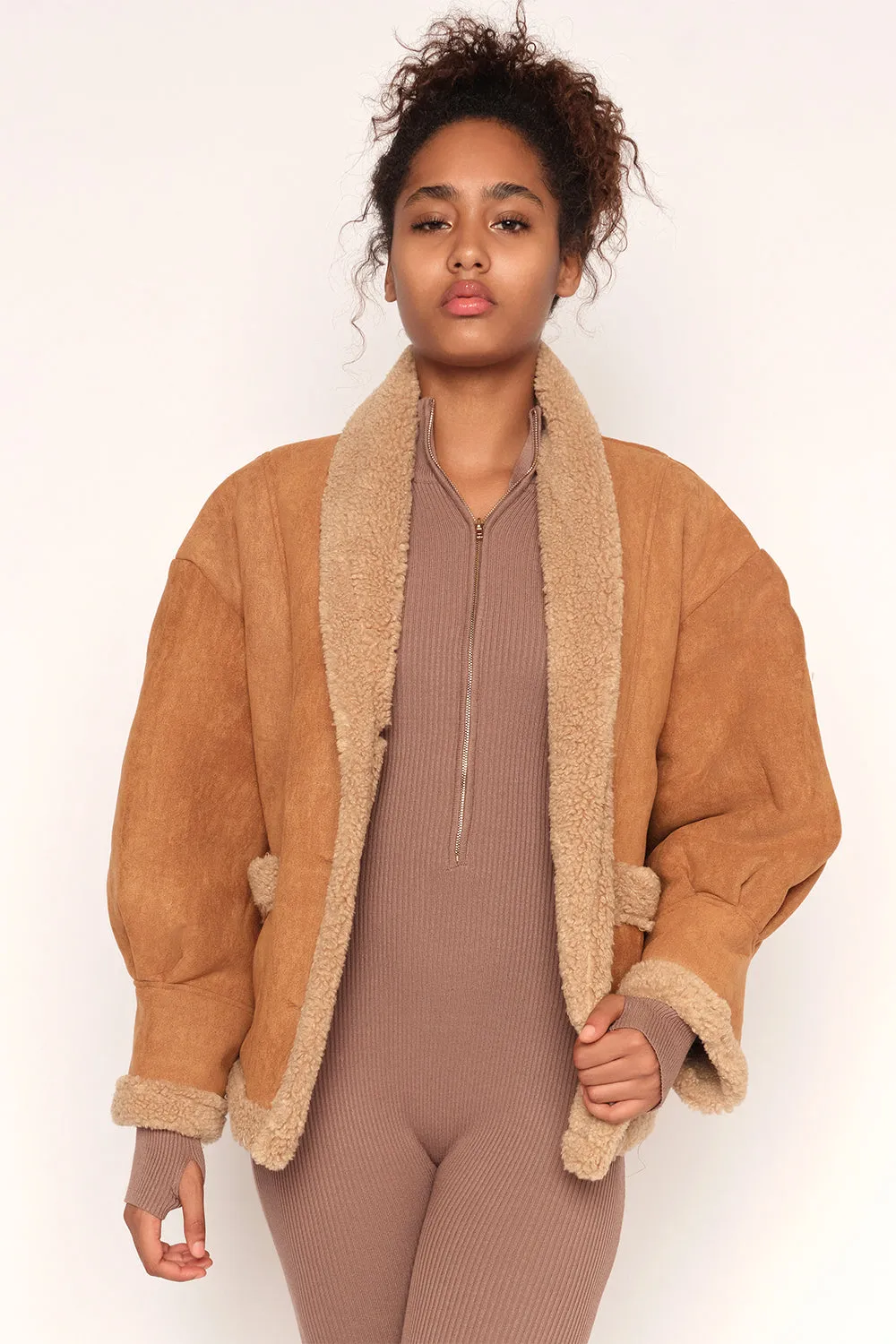 Faux Lambswool Fur Lined Shearling Jacket,Tan