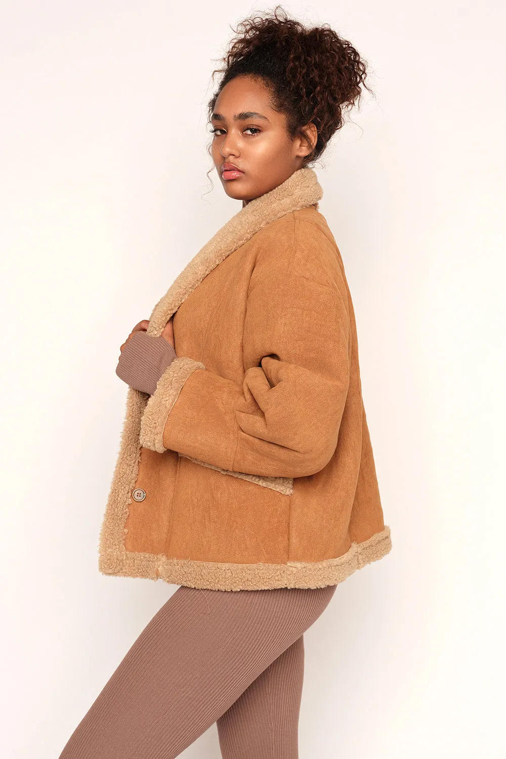 Faux Lambswool Fur Lined Shearling Jacket,Tan