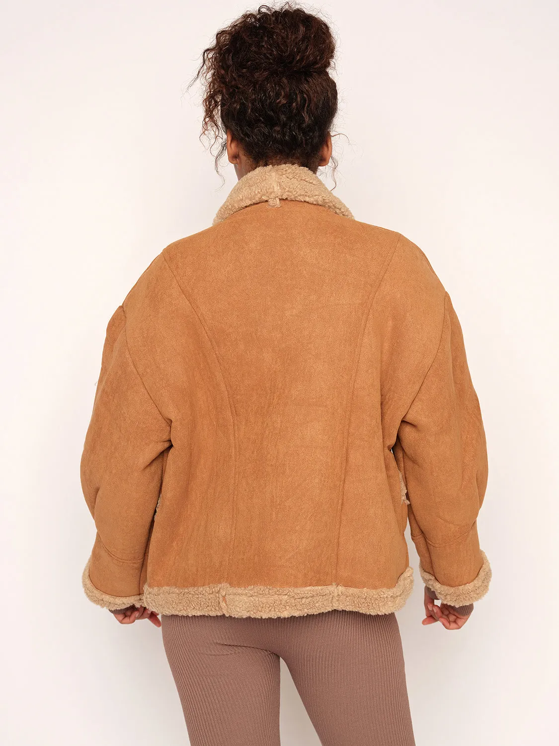 Faux Lambswool Fur Lined Shearling Jacket,Tan