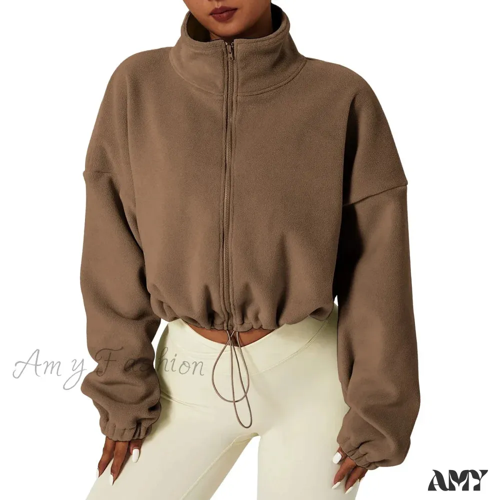 Full Zip Fleece Warm Long Sleeve Stand Collar Crop Hoodie