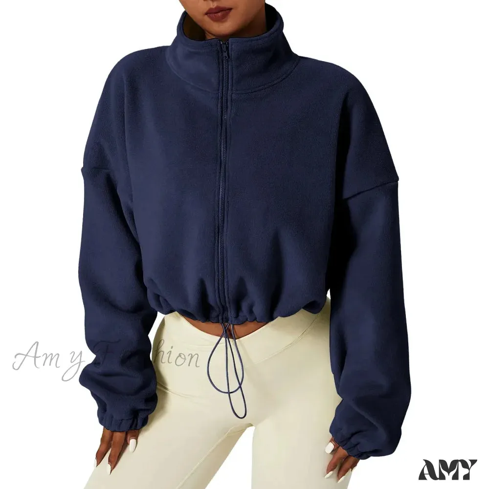 Full Zip Fleece Warm Long Sleeve Stand Collar Crop Hoodie