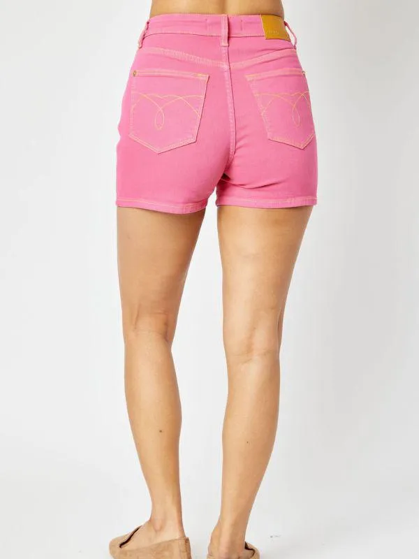 Judy Blue High Waist Garment Dyed Magenta Embroidered Shorts