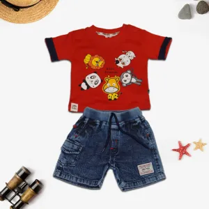 Kids Red Cartoon Printed T-Shirt and Denim Shorts Set