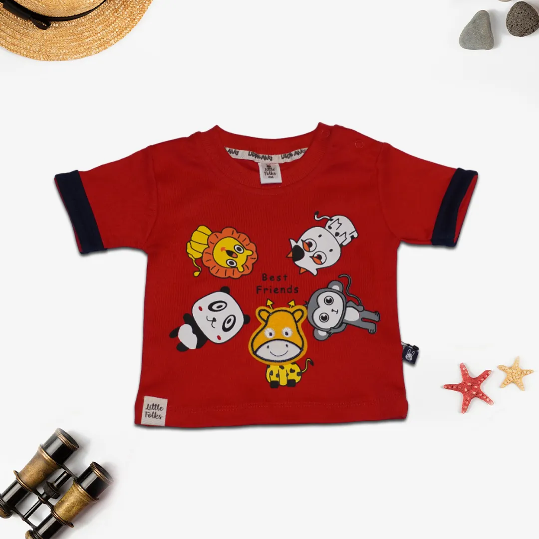 Kids Red Cartoon Printed T-Shirt and Denim Shorts Set