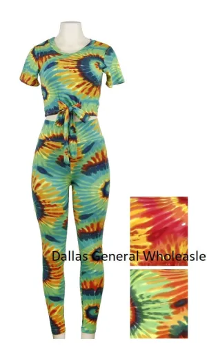 Ladies Casual Tie Dye Crop Top w/ Matching Leggings Wholesale