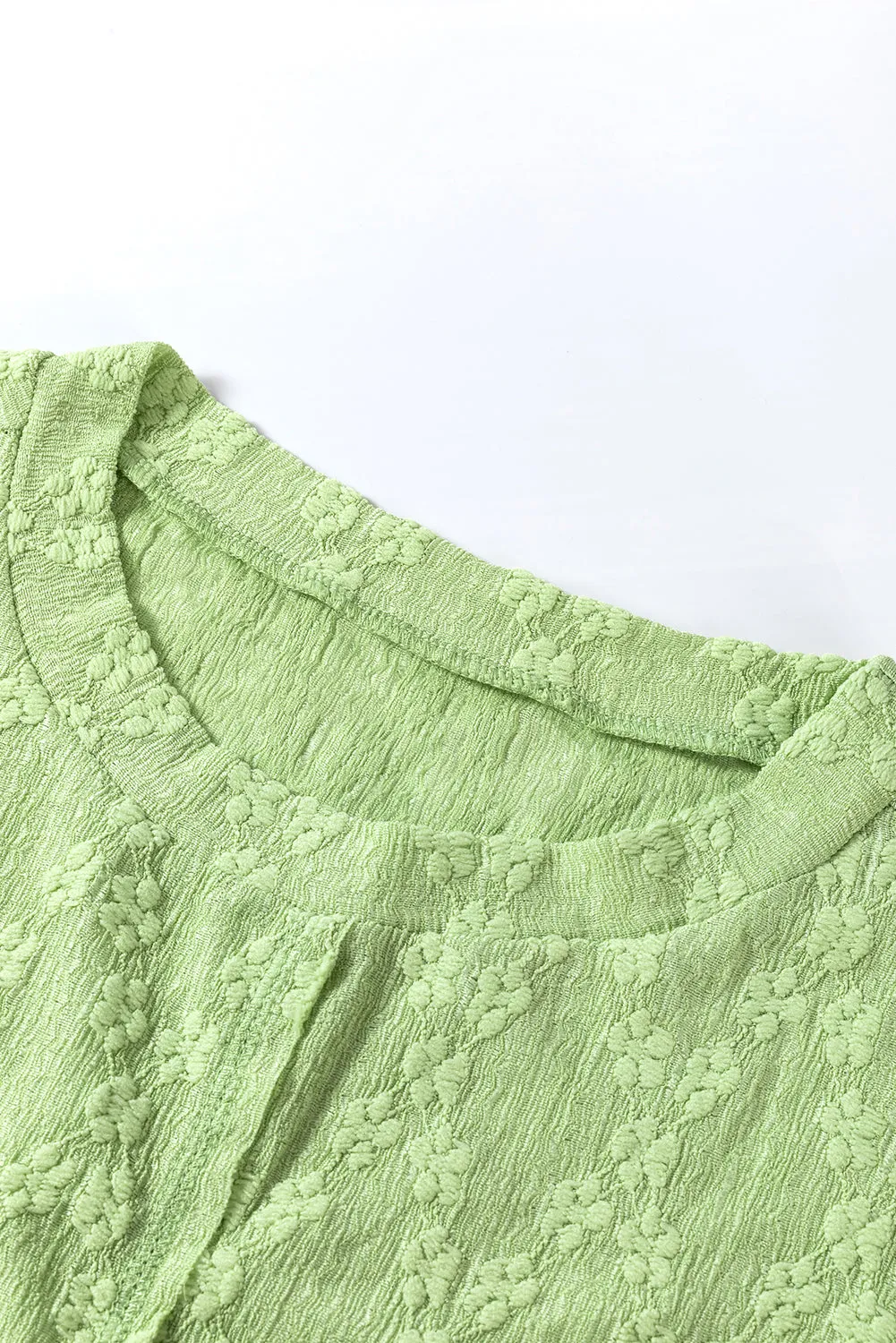 Light Green Solid Color Textured Side Split Crew Neck Blouse