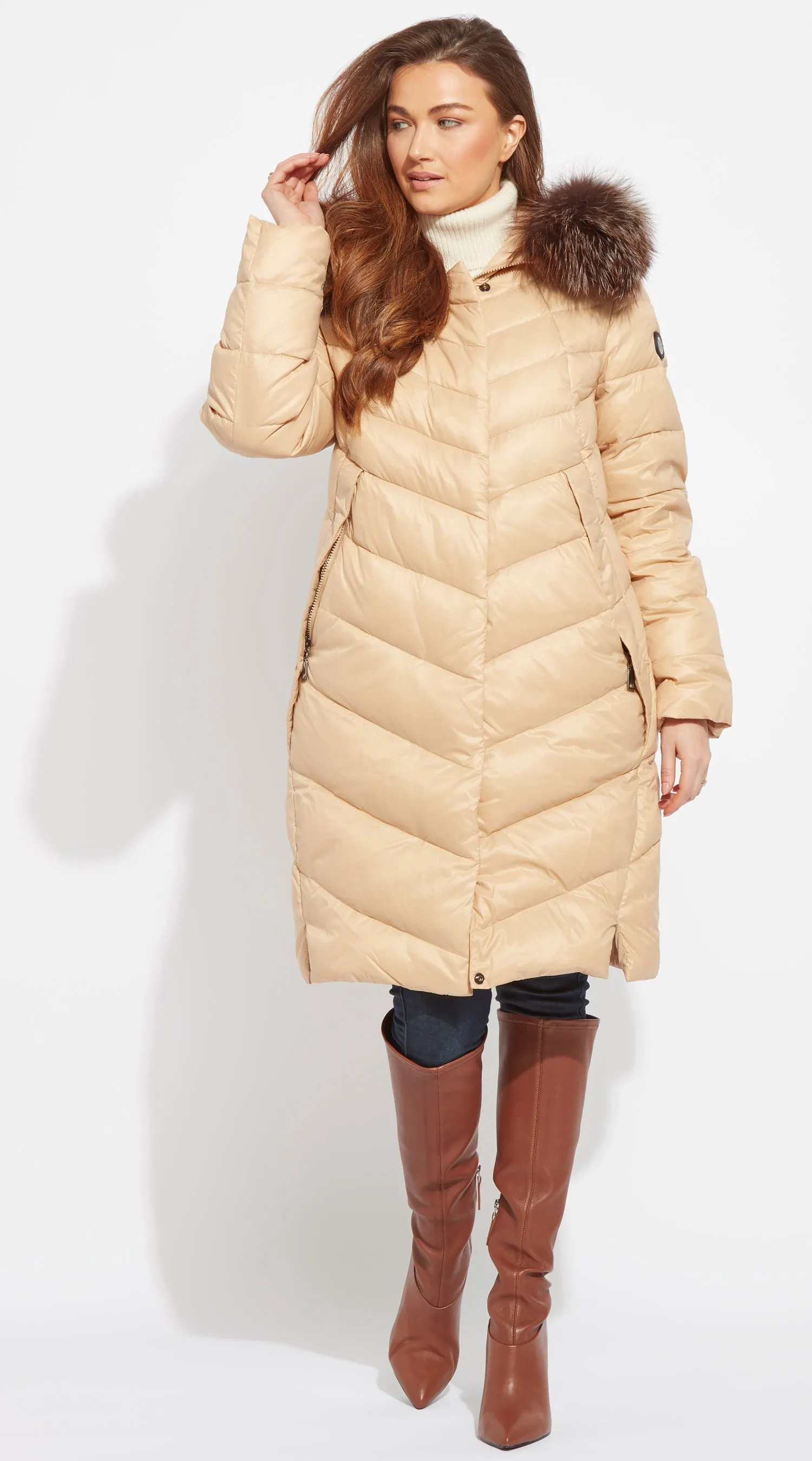 Luxy Midi Water-Repellent Down Jacket - Beige/Brown Mist