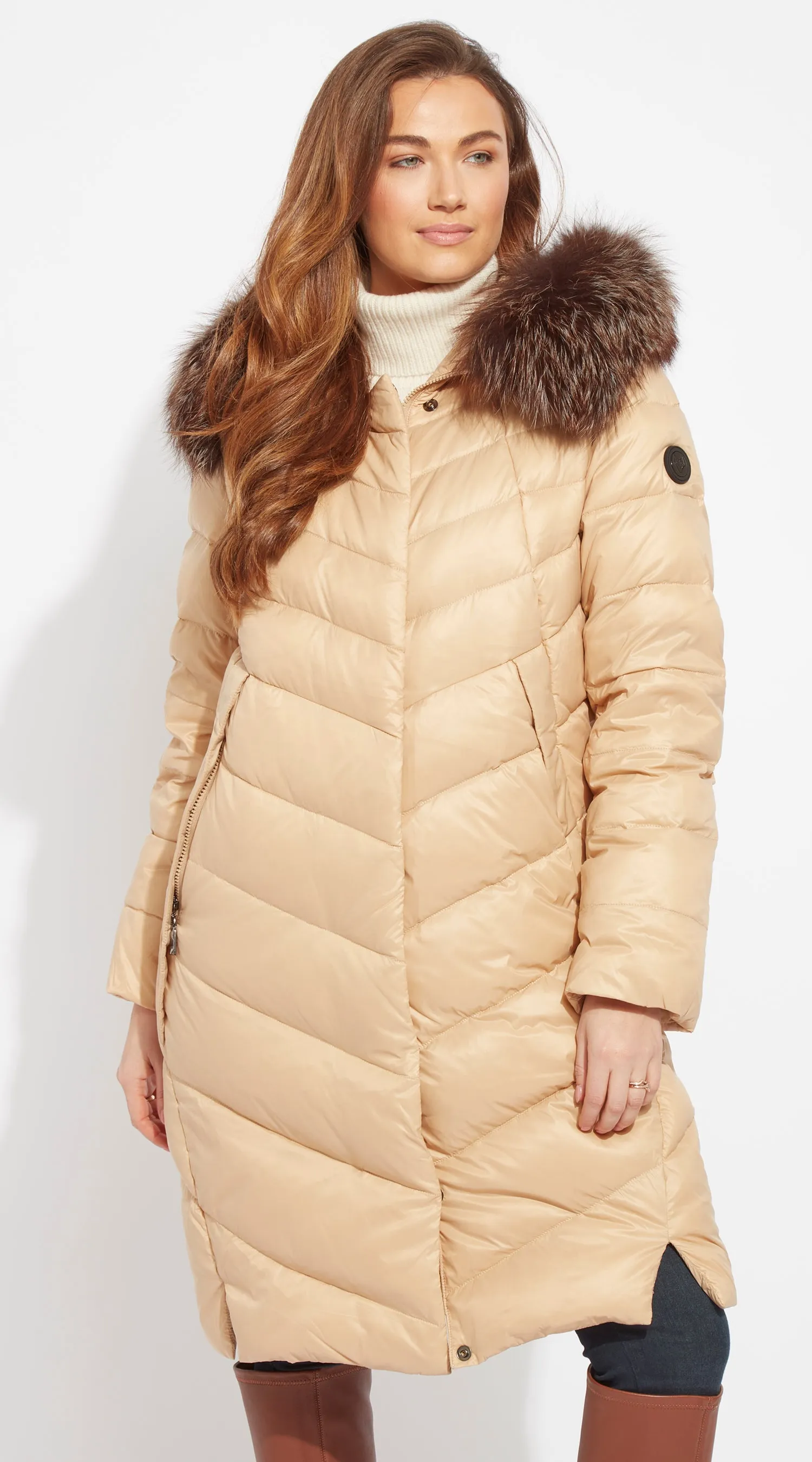 Luxy Midi Water-Repellent Down Jacket - Beige/Brown Mist