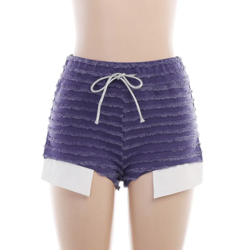 MB FASHION FUZZY STRIPES DRAWSTRING SHORTS 2423LY