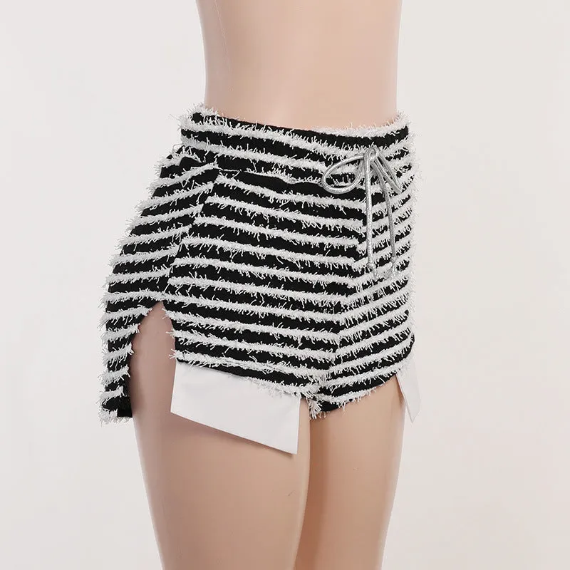 MB FASHION FUZZY STRIPES DRAWSTRING SHORTS 2423LY