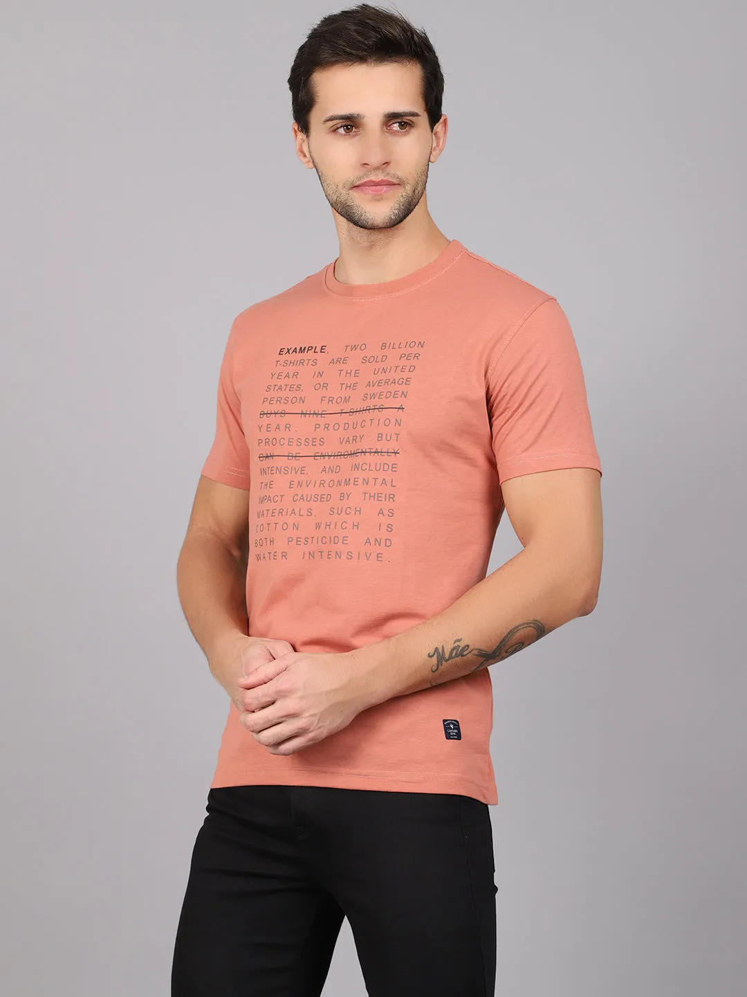 Men's Peach  Round neck Half Sleeve T-Shirt with Print