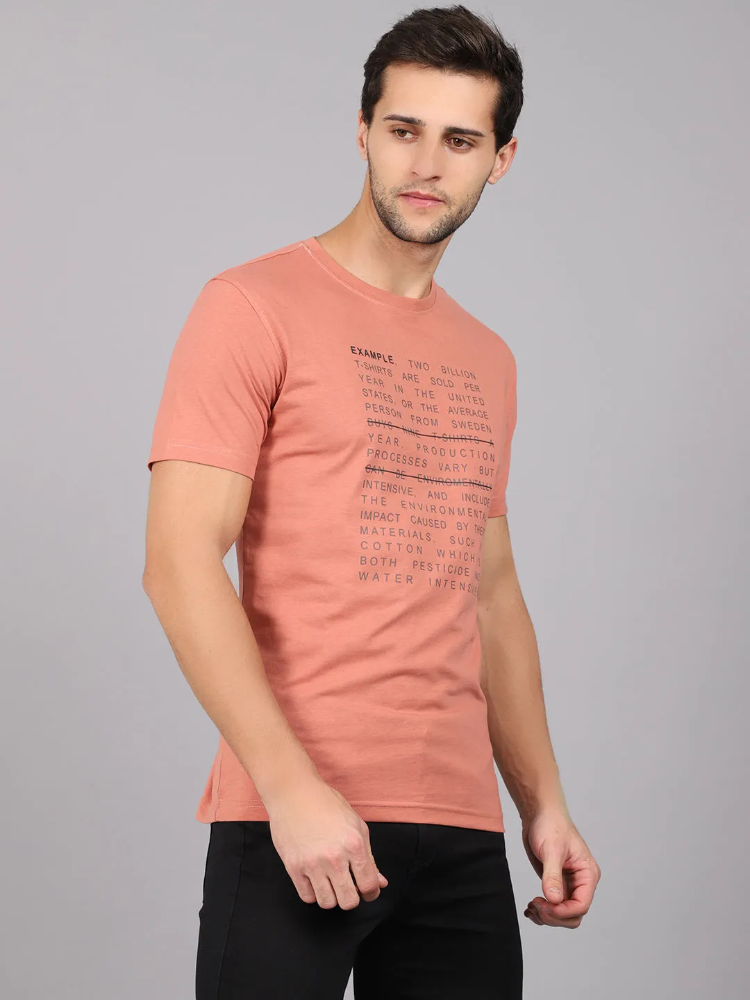 Men's Peach  Round neck Half Sleeve T-Shirt with Print