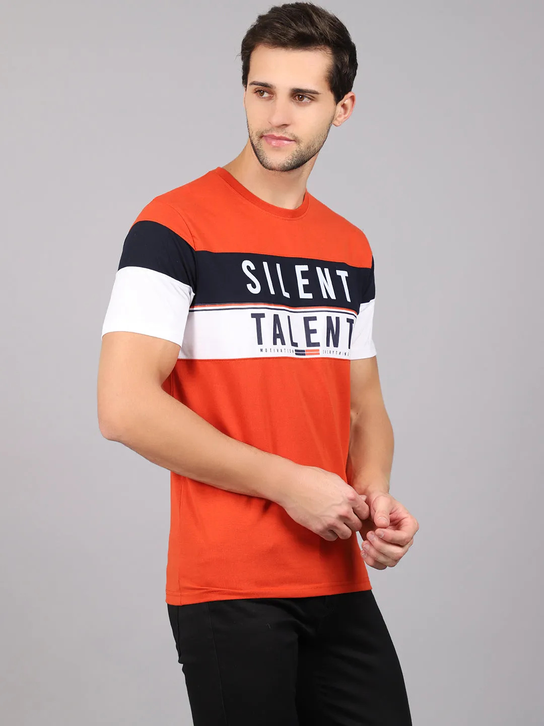 Men's Rust Color block Round neck Half Sleeve T-Shirt with Print