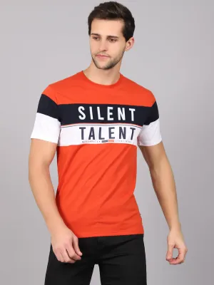 Men's Rust Color block Round neck Half Sleeve T-Shirt with Print