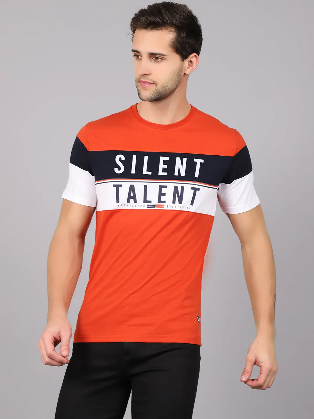 Men's Rust Color block Round neck Half Sleeve T-Shirt with Print