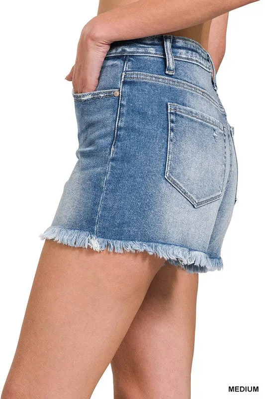 Mid Rise Raw Frayed Hem Denim Shorts