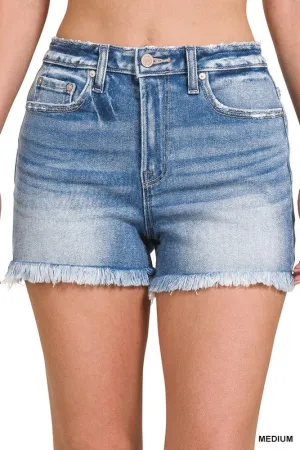 Mid Rise Raw Frayed Hem Denim Shorts