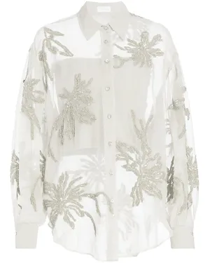 Natural Embroidered Marine Flower Silk Chiffon Blouse