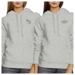 Origami Plane And Boat BFF Matching Grey Hoodies