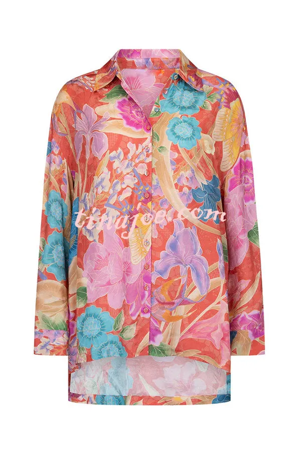 Painter's Garden Boho Floral Print Button Long Sleeve Relaxed Blouse