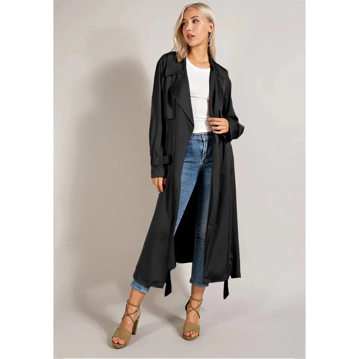 Satin Trench Coat Open Front And Detachable Waist Tie in Black [Available in SM-L]