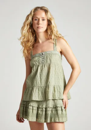 Selena Tiered Embroidered Cami In Green