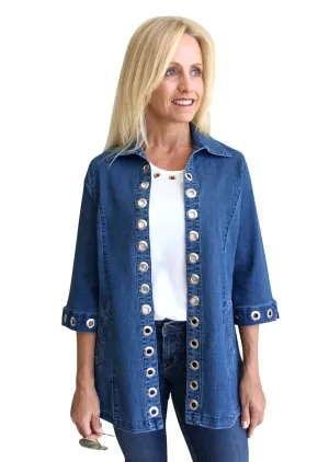 Tia Designs - Silver Grommet Accents, 3/4 Sleeve, Elongated Denim Jacket