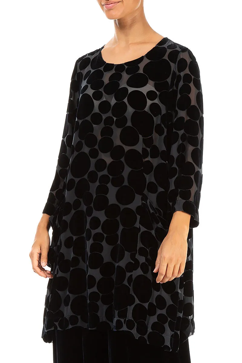 Two Pockets Devoré Bubbles Midnight Blue Silk Velvet Tunic