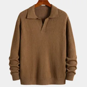 V-Neck Polo Sweater Ribbed - Cross & Crown