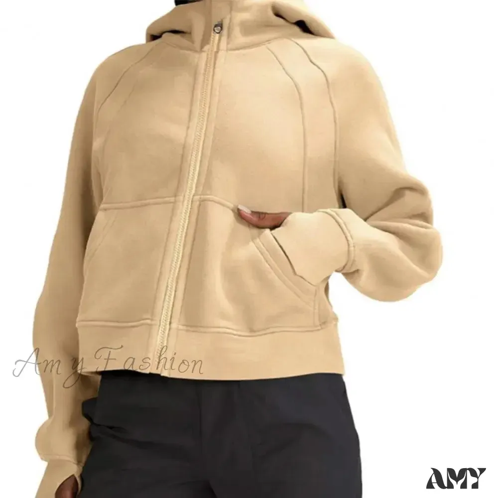 Winter Fleece Pocket Hooded Zipper  Neck Protection Warm Hoodie