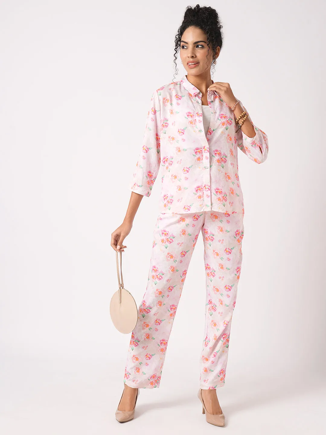 Women Slim Fit Soft Pink Printed Shirt